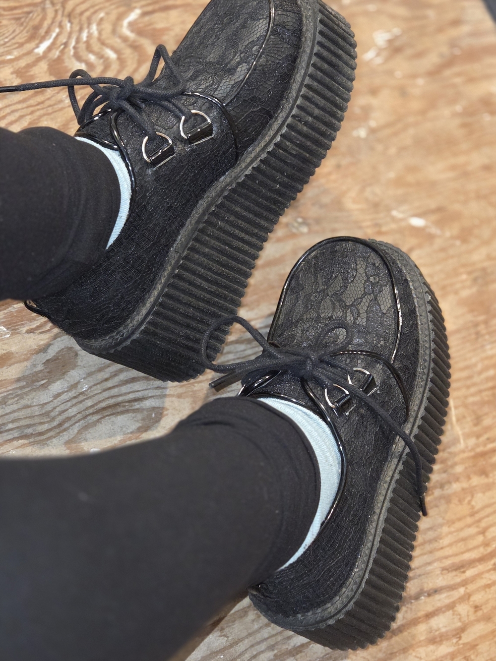 Black Lace Platform Creeper Shoes - Women - Demonia